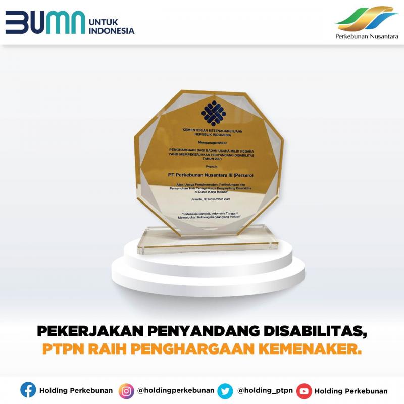 Holding Perkebunan Nusantara Raih Penghargaan BUMN yang Mempekerjakan Penyandang Disabilitas dari Kemenaker