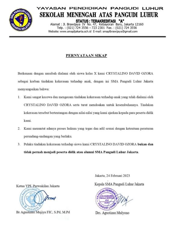 Mengecam Keras Terhadap Penganiayaan Anak Didiknya, Berikut Pernyataan Sikap SMA Pangudi Luhur